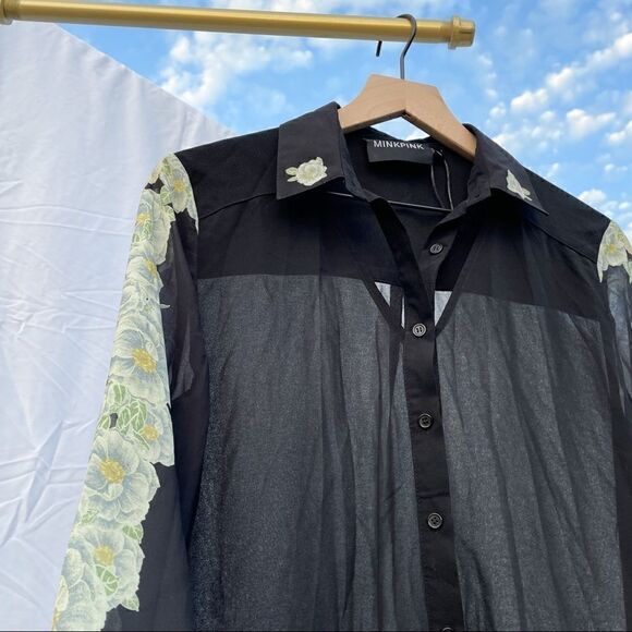 MINKPINK Y2K Revolve Oversized Chiffon Floral Button Up Blouse Top - Picture 1 of 5